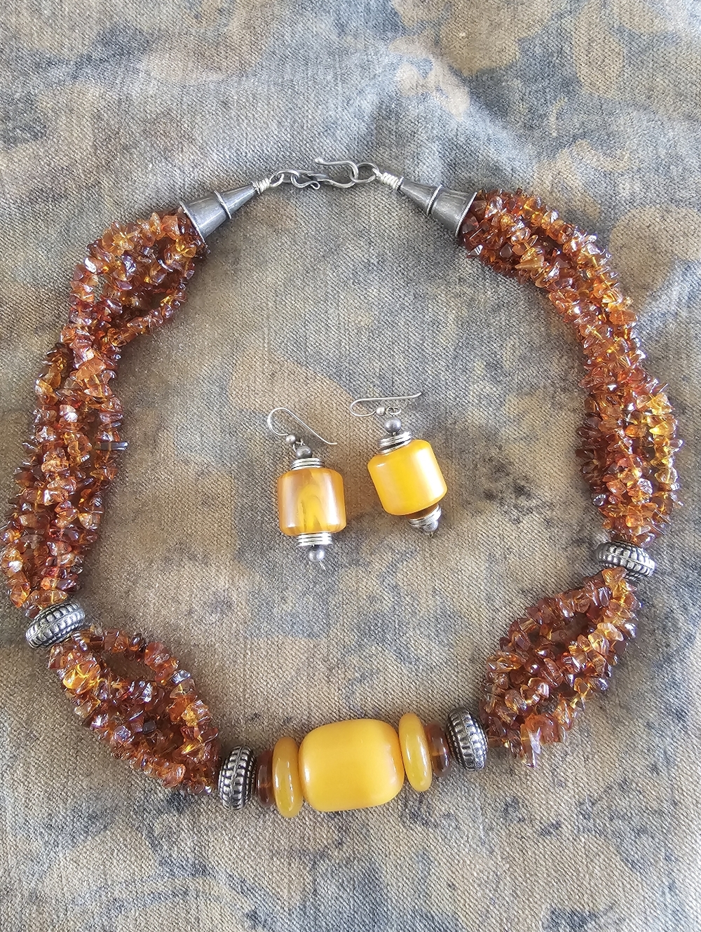 Vintage Chunky Butterscotch Amber & Baltic Amber Chip Necklace Earring Set
